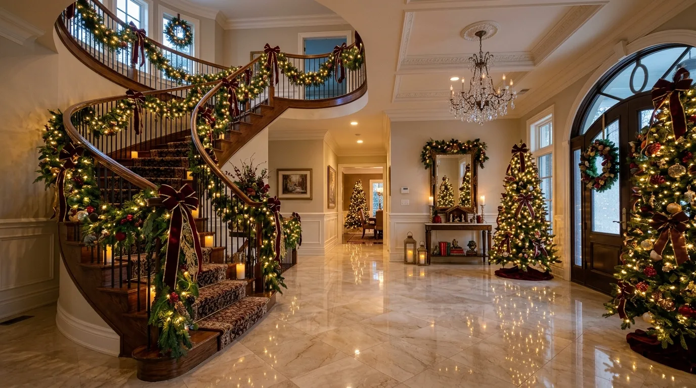 Luxurious Christmas entryway with staircase garland and ribbon.